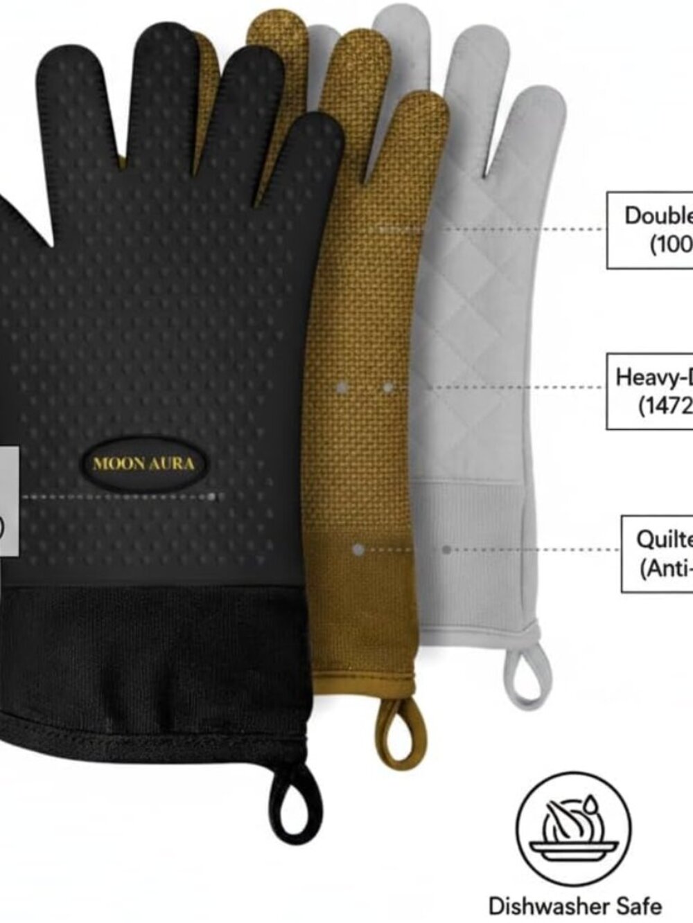 Moon Aura BBQ Gloves Heat Resistant Silicone Oven Mitts 13.38" Waterproof Grill - Picture 8 of 8